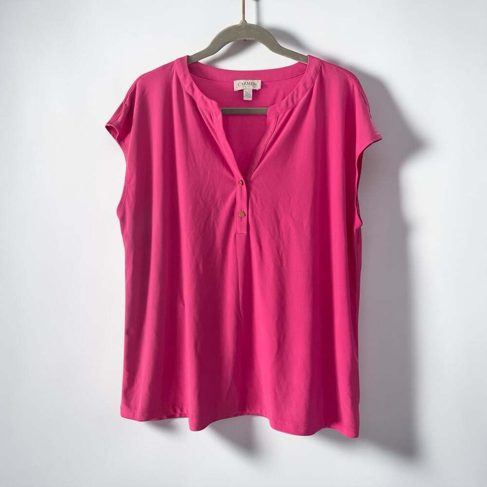 Carmen Marc Valvo Women's Hot Pink Short Sleeve V-Neck Button Front Blouse